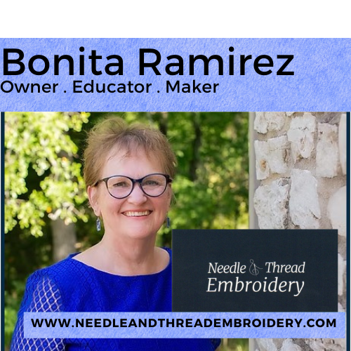 Bonita Ramirez needle and thread embroidery sewing teacher embroidery monogrammer